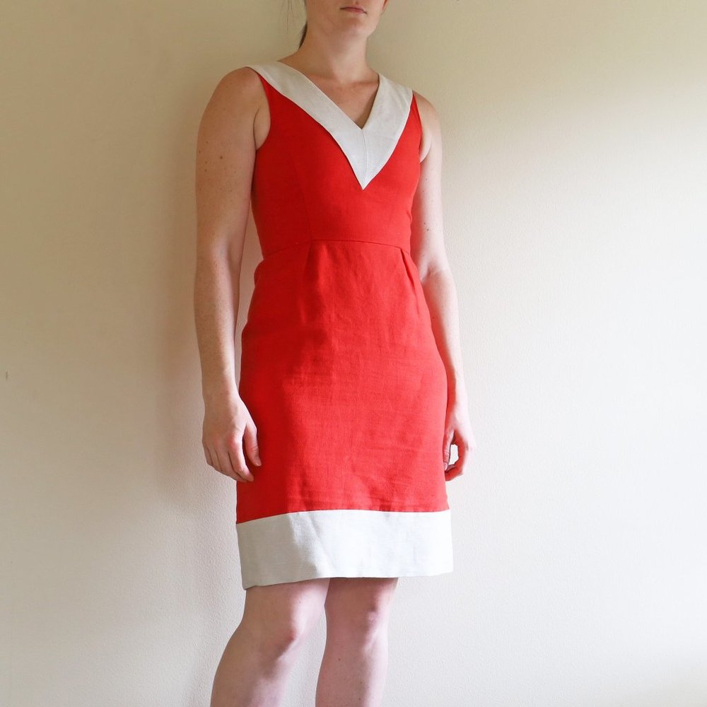 Kate Spade Red and Oat Woven Linen V-Neck James Dress